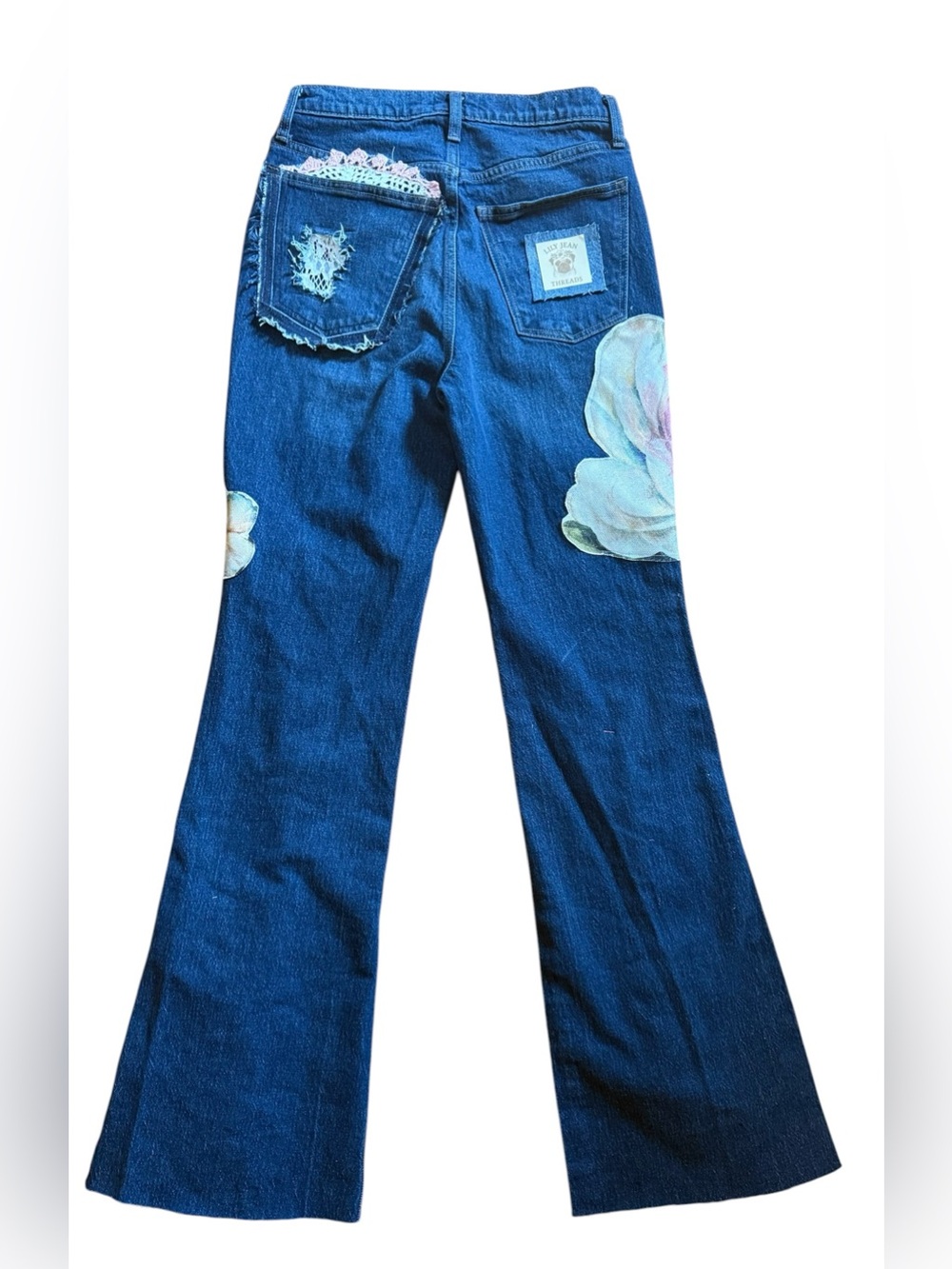 Lily Jean threads Women’s Dark Blue Floral Patch Flare Upcycle Jean - Picture 4 of 4